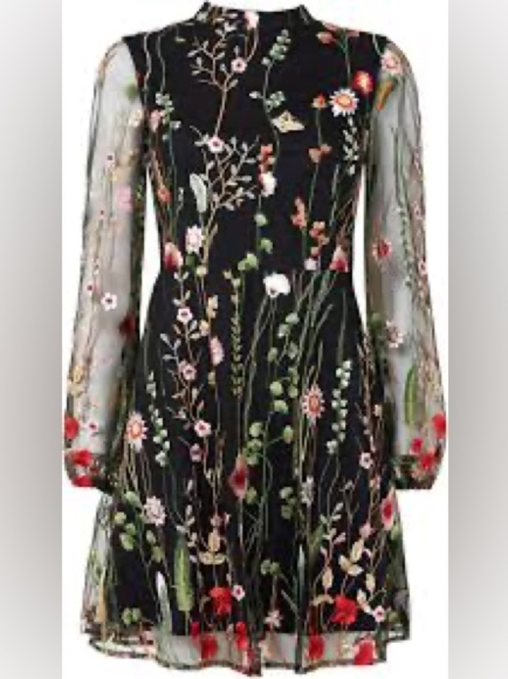Embroidered Black shear Mini Dress with Floral embroidery and bell sleeves 0192